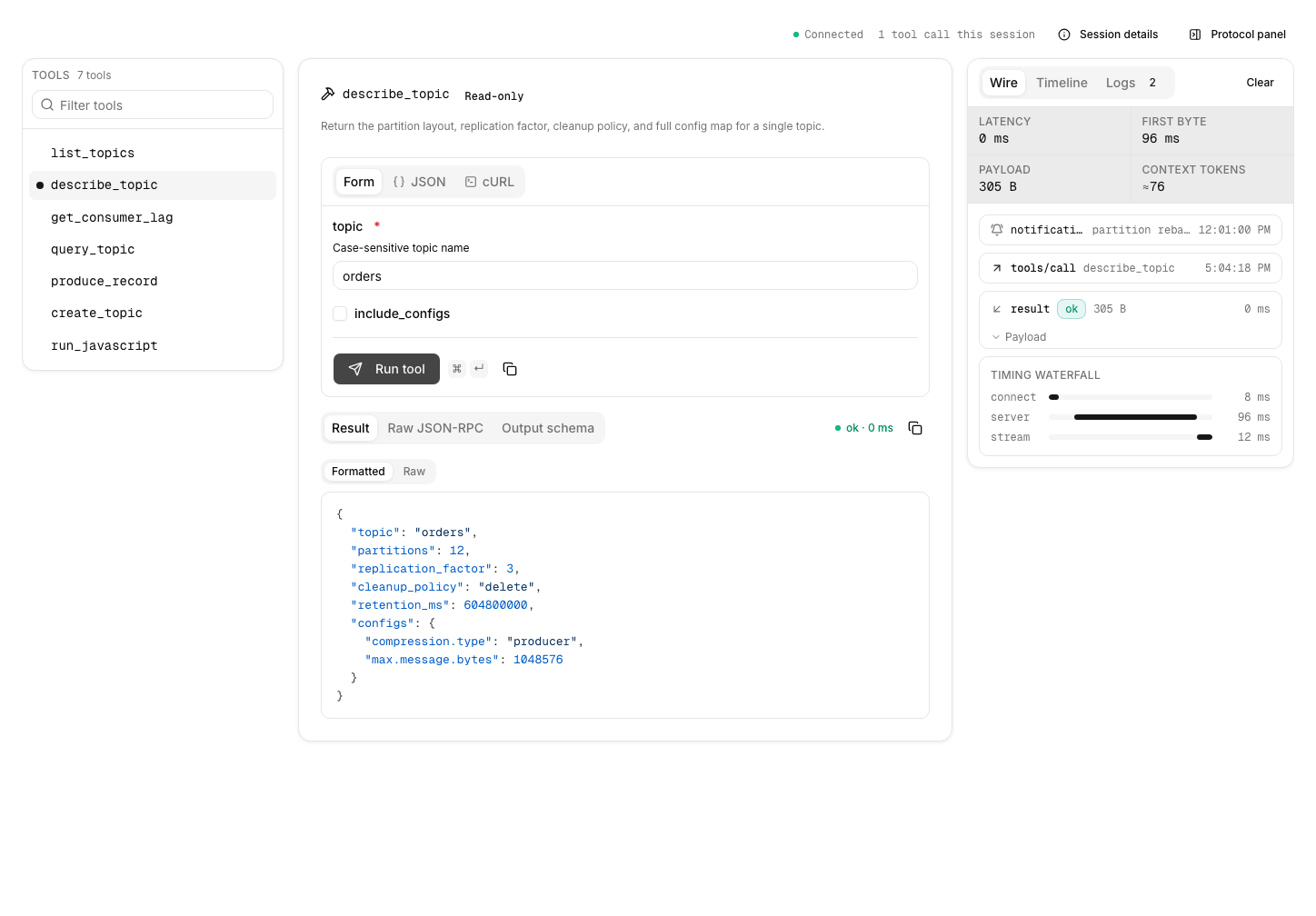 Inspector showing a completed tool call, its formatted result, and the Protocol panel with wire frames and a timing waterfall.