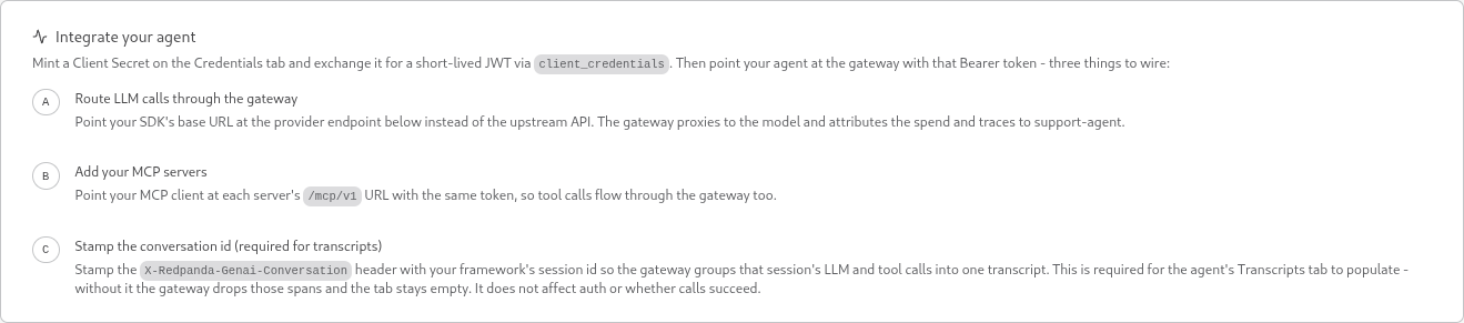 The Setup tab listing the three steps to integrate a self-managed agent: route LLM calls through the gateway