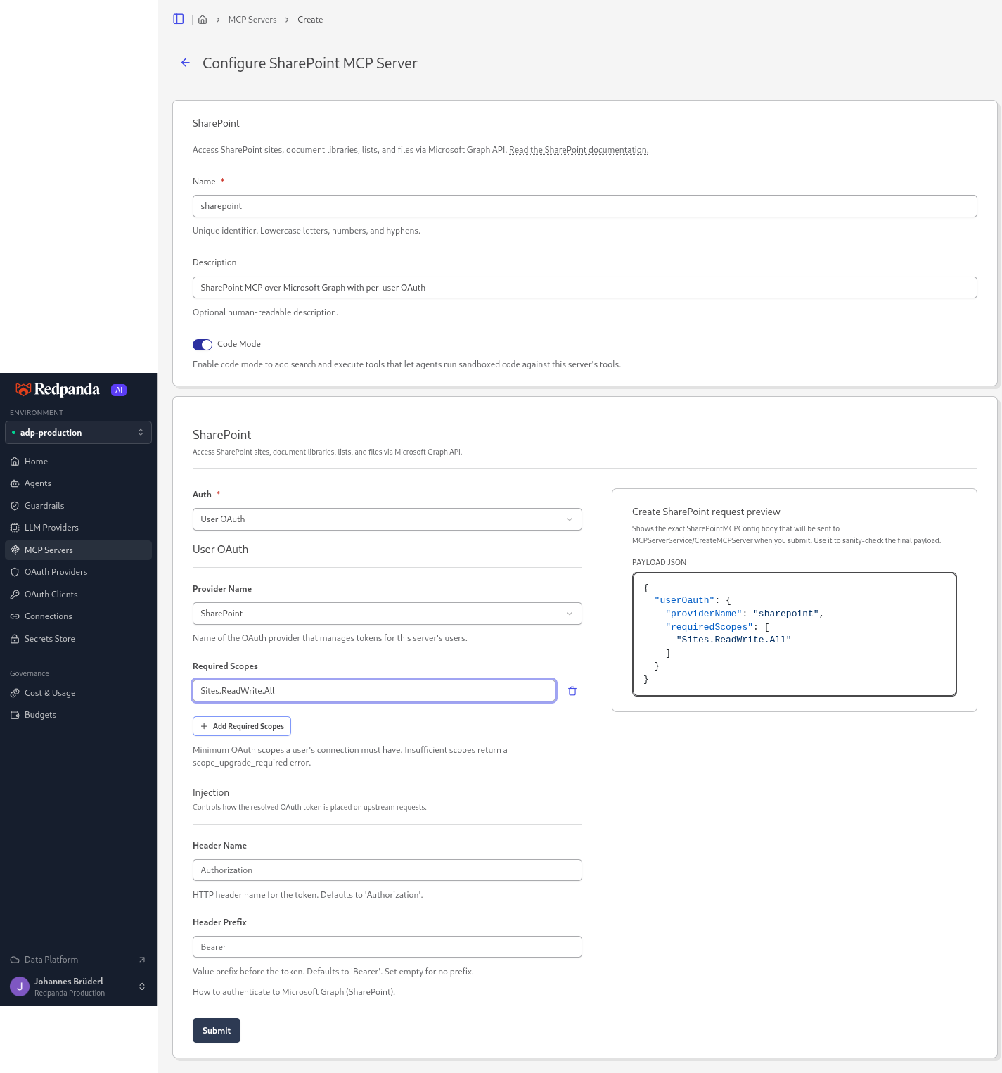 The Configure SharePoint MCP Server form with User OAuth selected, the SharePoint provider chosen, Sites.ReadWrite.All as a required scope, and the request preview panel showing the resulting userOauth JSON payload