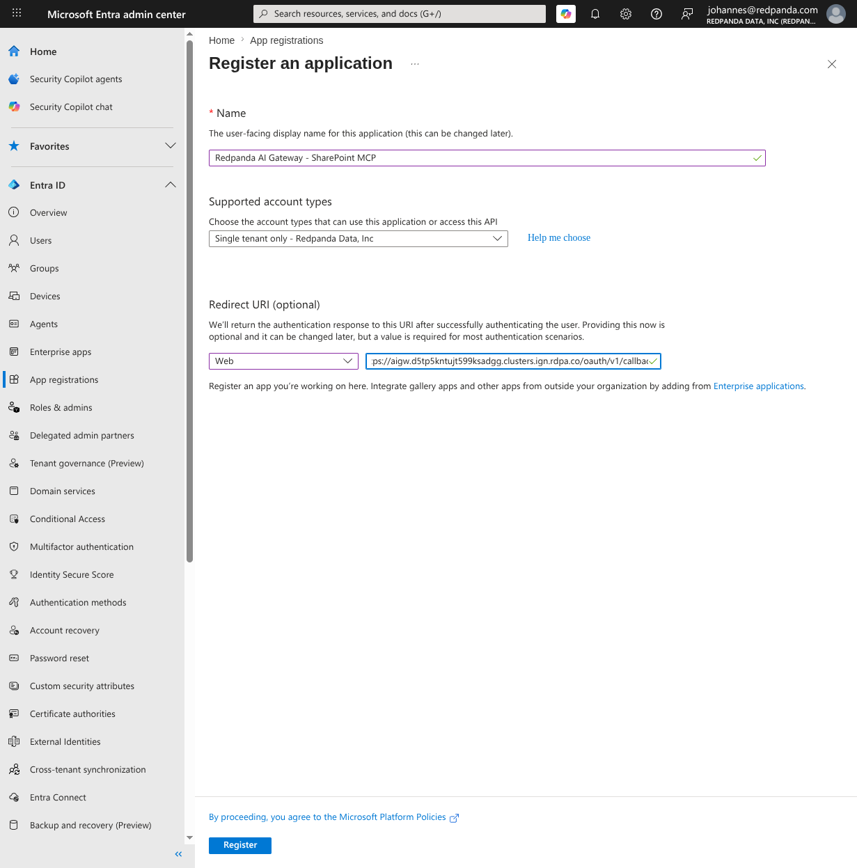 The Entra Register an application form with the app name filled in, Supported account types set to single tenant only, and the Redirect URI row set to platform Web with the gateway’s OAuth callback URL