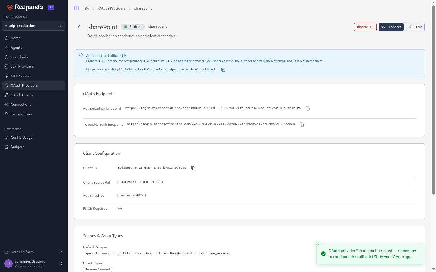 The SharePoint OAuth provider detail page showing the authorization callback URL, the tenant-specific Microsoft endpoints, the client ID, the SHAREPOINT_CLIENT_SECRET reference, the Client Secret POST auth method with PKCE required, and the six default scopes