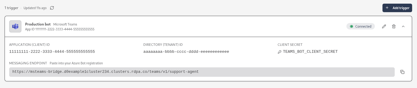 An expanded Microsoft Teams trigger card with a green Connected badge