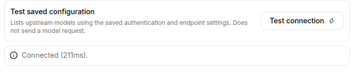 Test saved configuration panel showing a successful Test connection result.