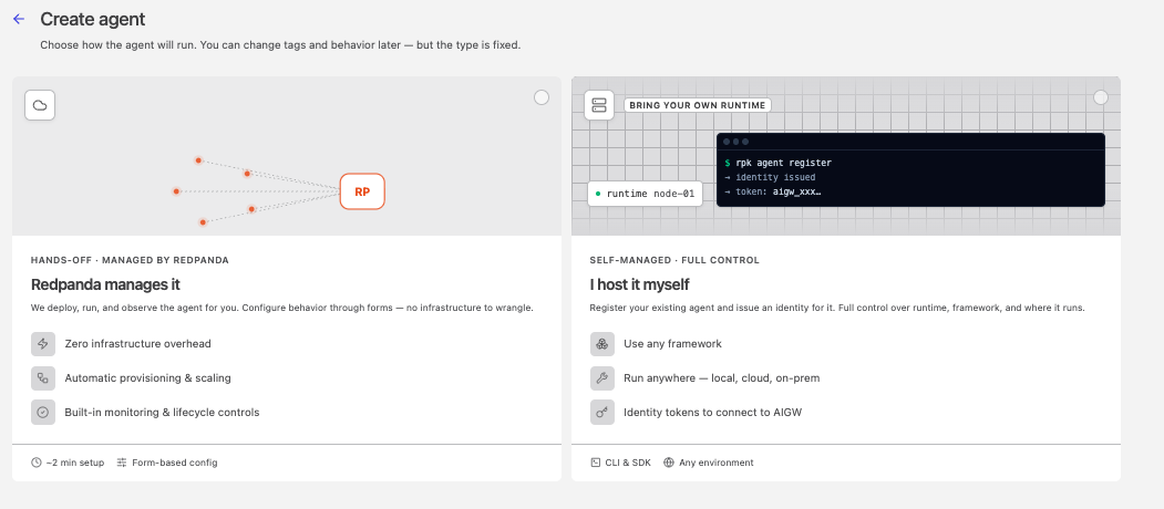 The runtime choice in the create-agent flow